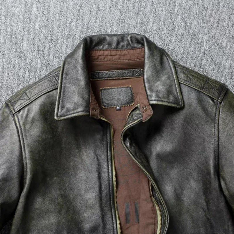 

Top Layer Cowhide Leather Jacket A2 Air Force Flight Suit Men's Retro Old Leather Jacket Slim Fit Short Lapel Jacket