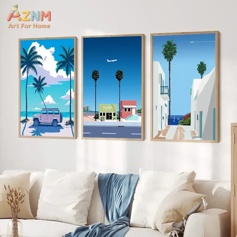 AZNM Retro Tropical Beach Canvas Wall Art Palm Tree Swimming Pool Vintage Car Seaside Scenery Print Modern Home Decor Unframed