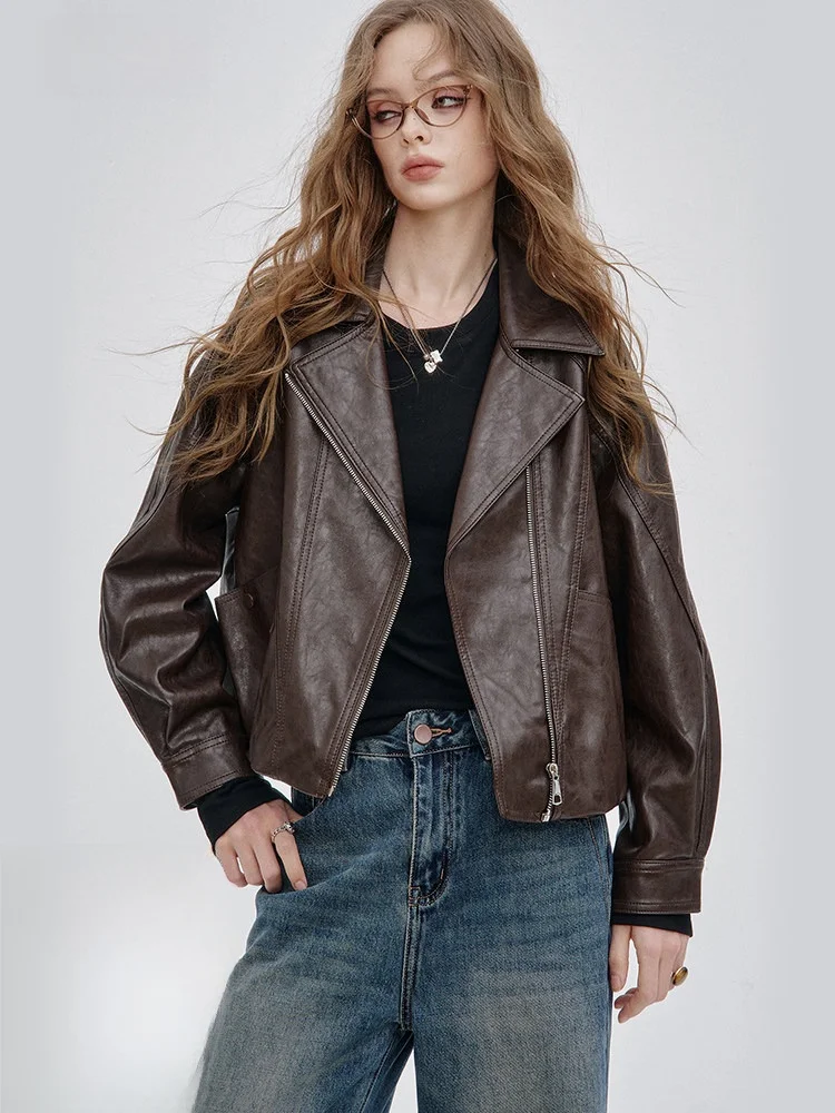 

Retro PU Leather Jaet Floral Embroidery Biker Jaet Women's Faion Autumn Winter Coat Straight Cut Sle Long Sve Coat