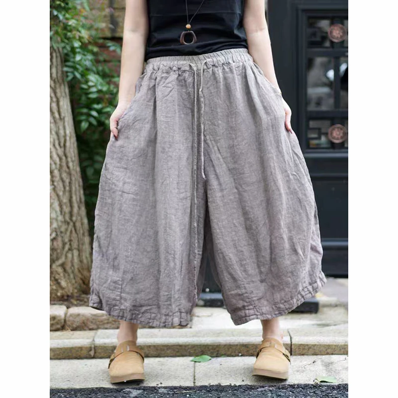 New Arrival Summer Arts Style Women Elastic Waist Loose Calf-length Pants High Quality Cotton Linen Vintage Wide Leg Pants TX139