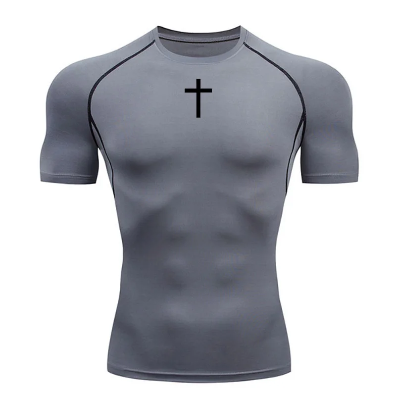 2024 Men\'s Gym T-Shirt Running Short Sleeve Shirt Compression Sportswear Quick Dry Black Cross Print Sports Bodybuilding T-Shirt