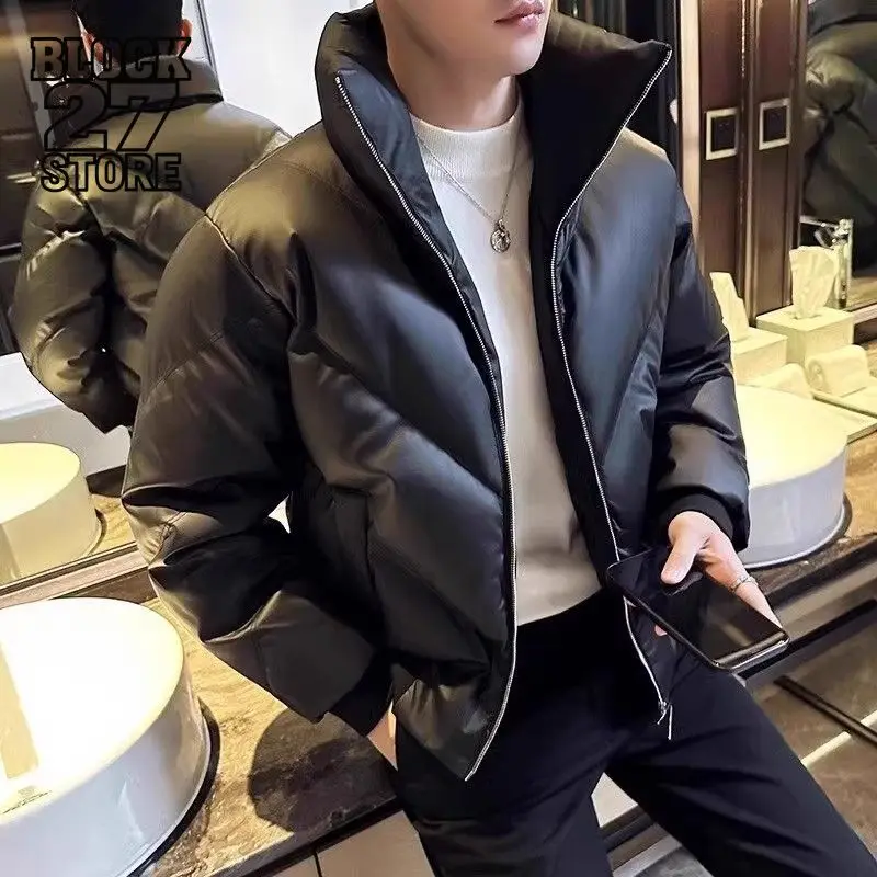Harajuku Winter Thick Padded Cotton Jacket Men Warm Solid Color Simple Bread Style Turn Down Collar Loose Casual Coat Outerwear
