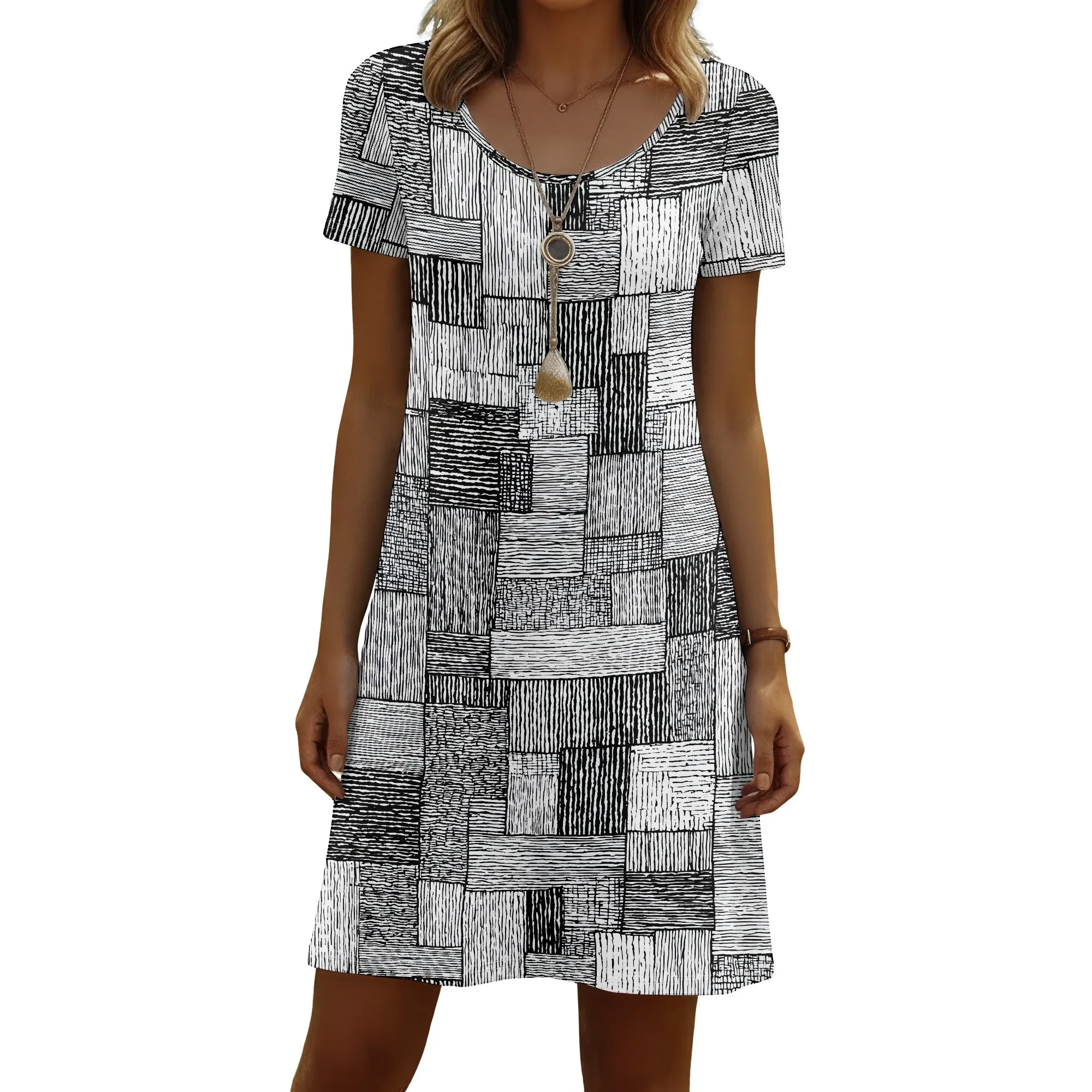 Short Sleeve Print Dress, Geometric Pattern Dress, Abstract Block Design, Casual Summer Wear for Women, S-2XL