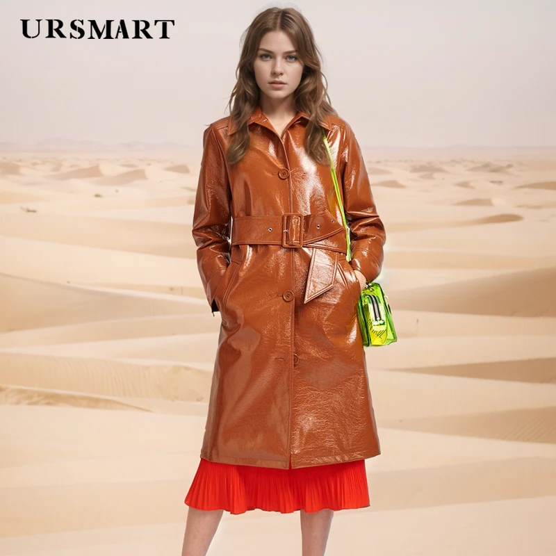 High-quality leather trench coat single breasted with turn down collar wide belt Stylish women’s outerwear