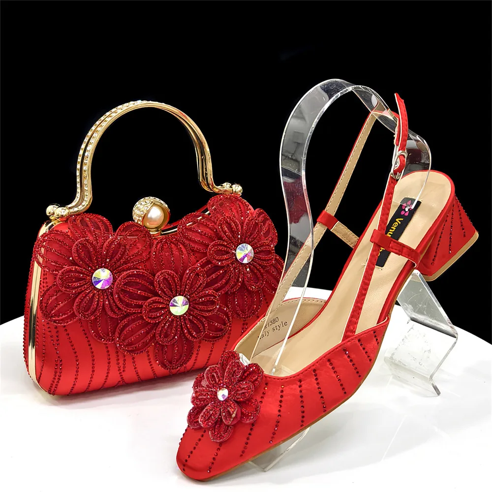Women's shoes with dinner bag combination set, square head comfortable stiletto sandals with flower bag