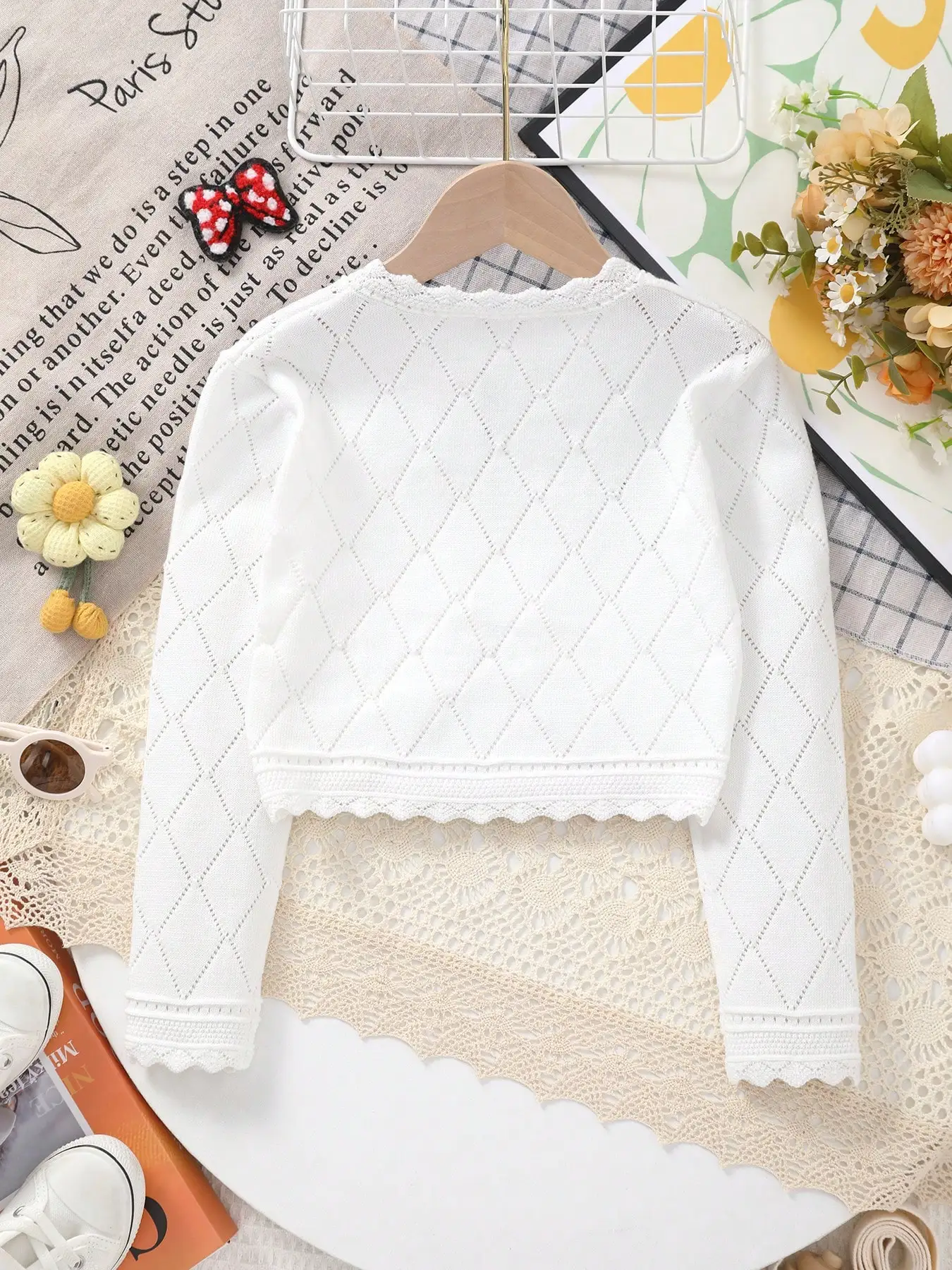 Girls' Spring Elegant Hollow-Out Design with Diamond Pattern + Lace Design Knit Cardigan