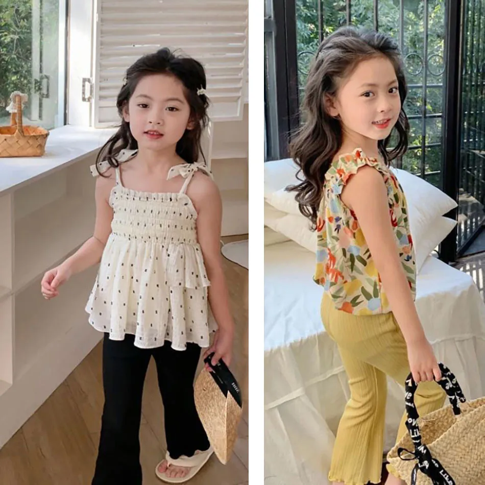 Children Capris Summer Thin Ice Silk Solid Color Pants New Girls Fashion Casual Solid Color Leggings Thin Ribbed Flared Pants