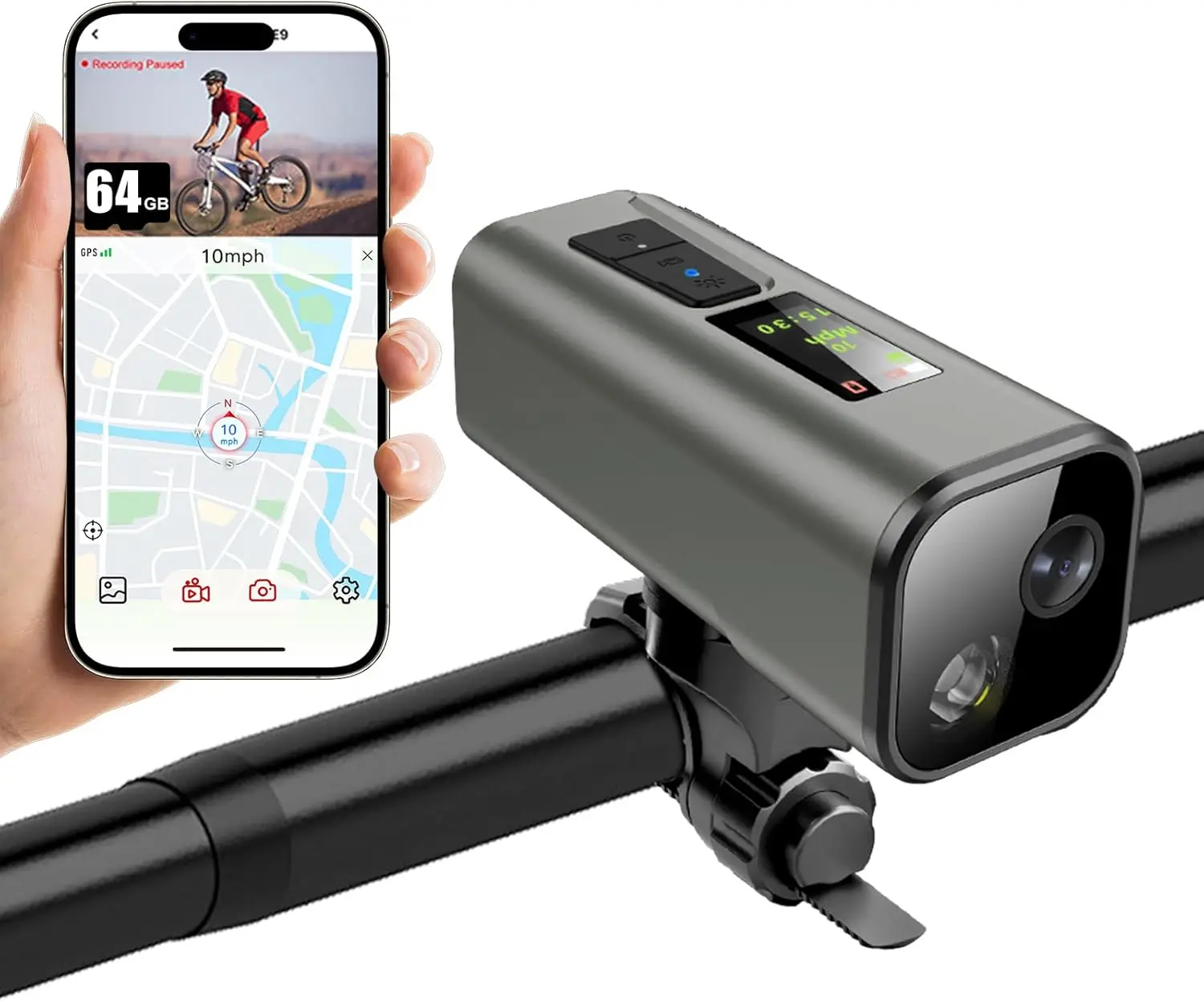 4K GPS Bike Camera with Headlight Cycling Computer & Speedometer Sport Action DV 64GB, APP Control, IP65 Waterproof