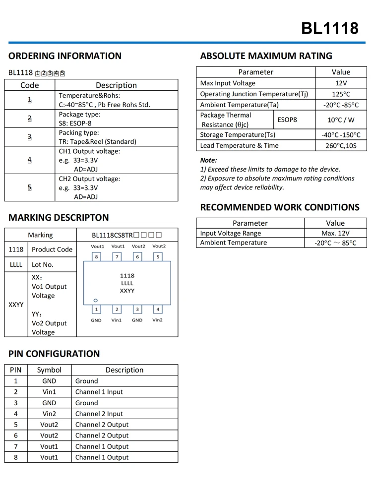 BL1118CS8TR1833 SOP-8 Linear voltage regulator LDO 1118 Dual 1A Low Dropout Regulator