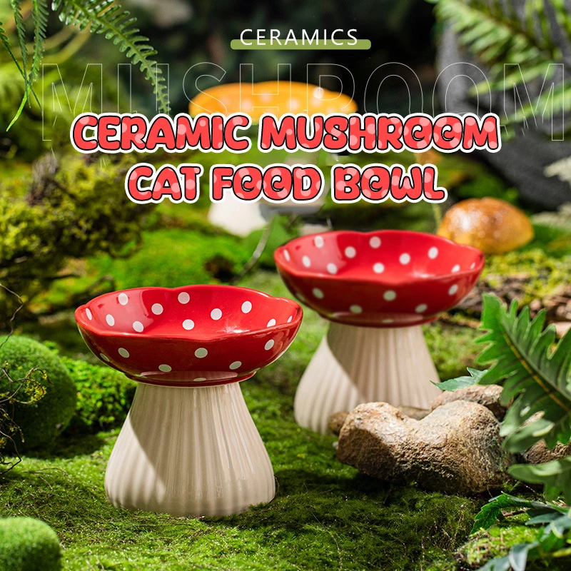 6 Inch Mushroom Cat Bowl Ceramic Elevated Shelf, Beard Friendly Raised Cat Food Bowl For Food & Water For Flat Inclined Cat Plat