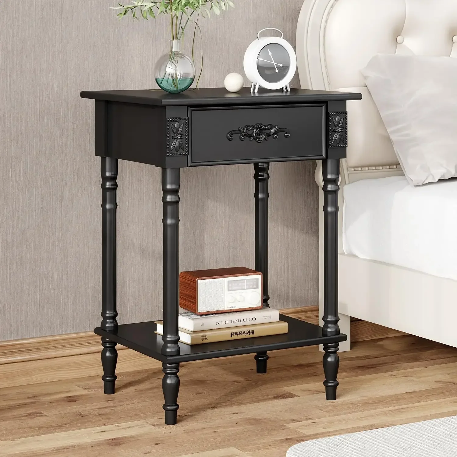 Vintage Wooden Nightstand with 1 Drawer and Bottom Shelf, Elegant Bedside Table End Side Table for Bedroom, Living Room, Black (