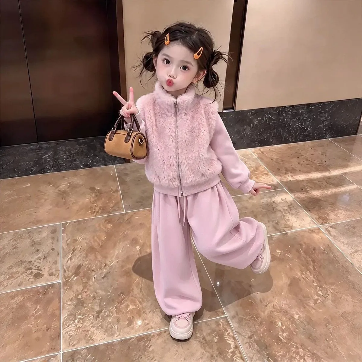 New Girls Autumn Winter Set Spliced Fleece Thickened Jacket Pants Kids 2 Piece Suit 90-140CM