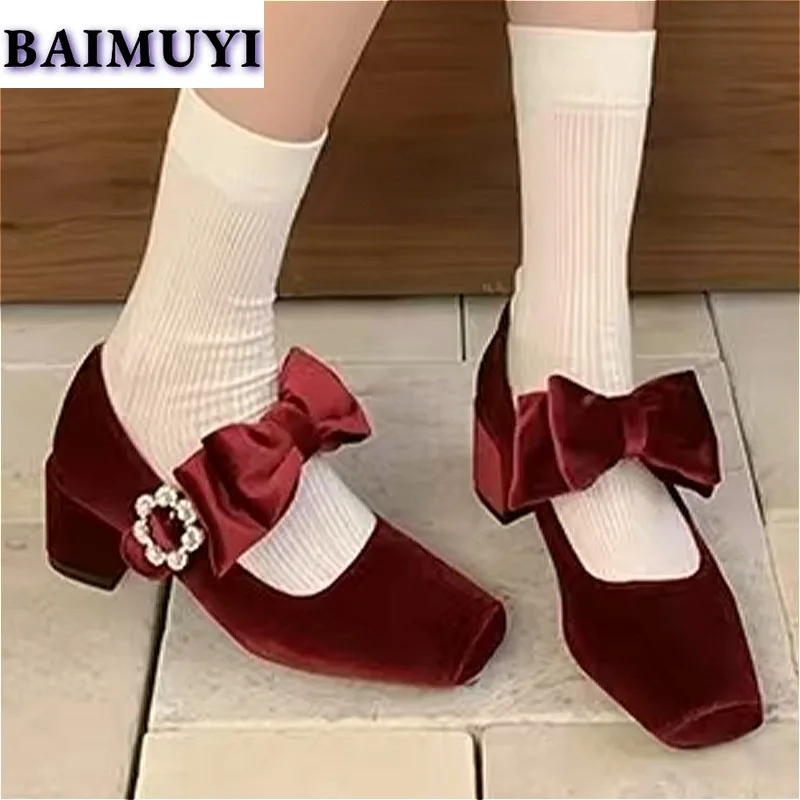 Square Toe Suede Mary Jane Shoes High Heels Women Bow Crystal Sandals 2025 Spring Lolita Shoes Brand Chunky Party Dress Pumps