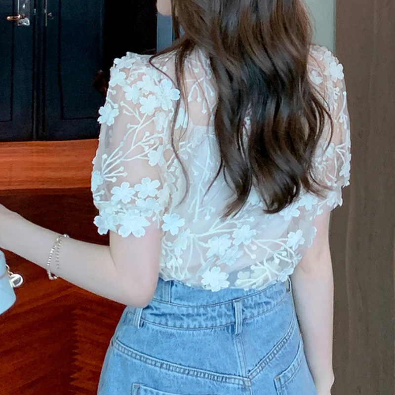 Elegant V Neck Stereo Flower Lace Chiffon Shirts Women 2023 Short Sleeve Tops Two-piece See Through Blouse Casual Sweet 27434