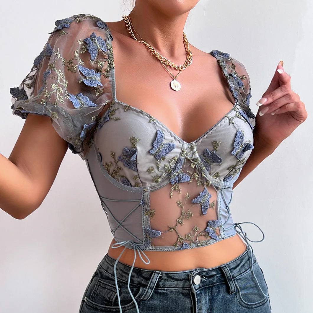 Butterfly Embroidery Bubble Sleeves Tops Corset Vest Slim Summer Sexy Crop Tank Top Women Casual Camisole Streetwear Y2k Clothes