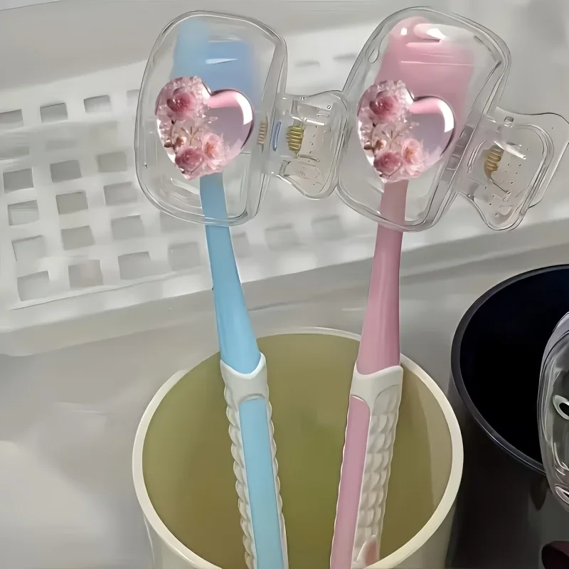 2pcs Pink Rose Heart-Shaped Toothbrush Dustproof Clips Couple's Toiletry Organizer Decorative Clips Keep Brush Clean And Dry