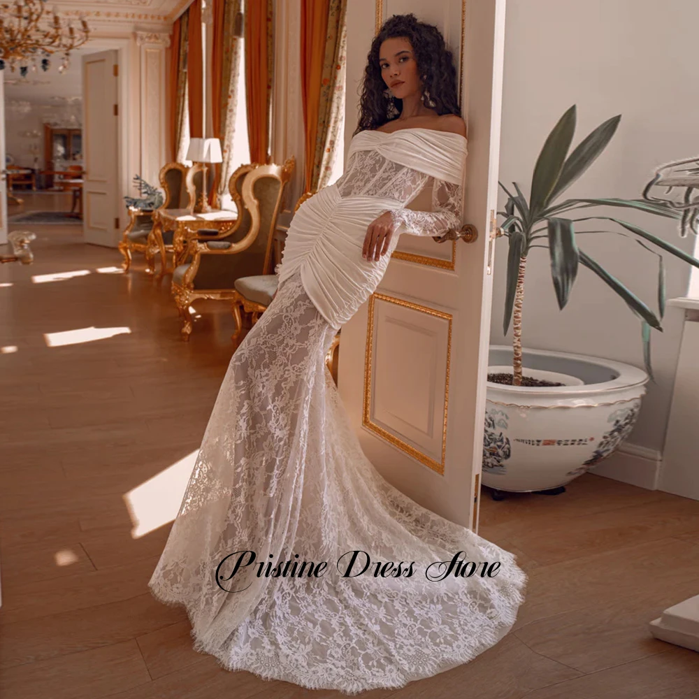 Элегантное кружевное свадебное платье русалки, женское свадебное платье с открытыми плечами и шлейфом, индивидуальное плиссированное сексуальное свадебное платье без бретелек