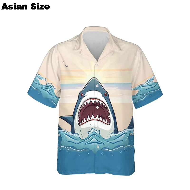 Summer Casual Hawaiian Men's Shirts Tattoo Retro Shark Sea Sail Print Short Sleeve Shirt Retro Street Men's Lapel Button Shirt