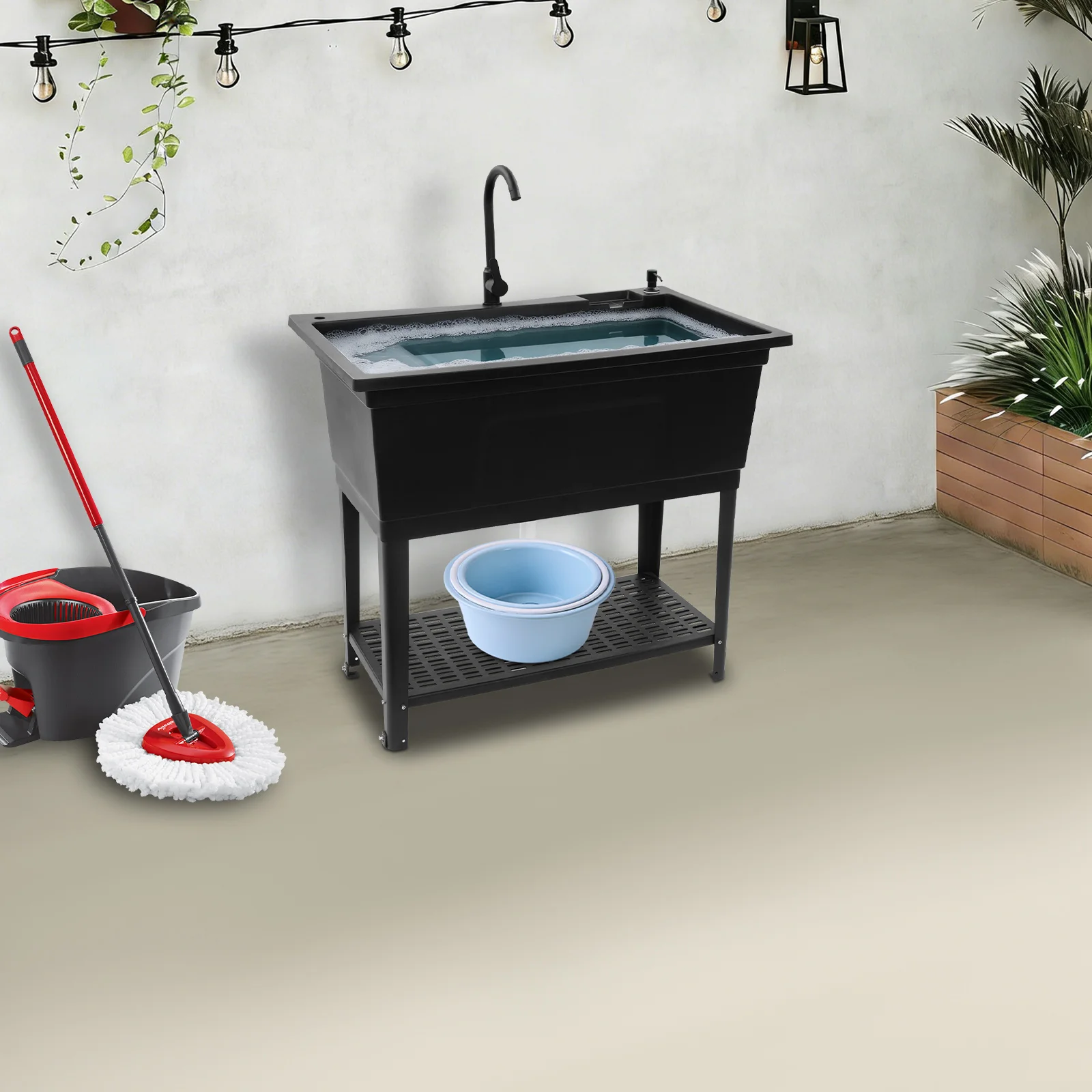 Freestanding Kitchen Sink 39.9x15x23.6 Inch PP Utility Sink with Drain Rack Soap Dispenser 220lbs Capacity