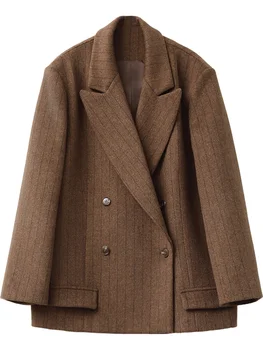 Women's Wool Blend Double-Breasted Blazer 5 CHIC VEN Women Woolen Blazer Loose Vintage V Neck Female Jacket Suit Double Breasted Office Ladies Coat Spring Autumn 2025 5