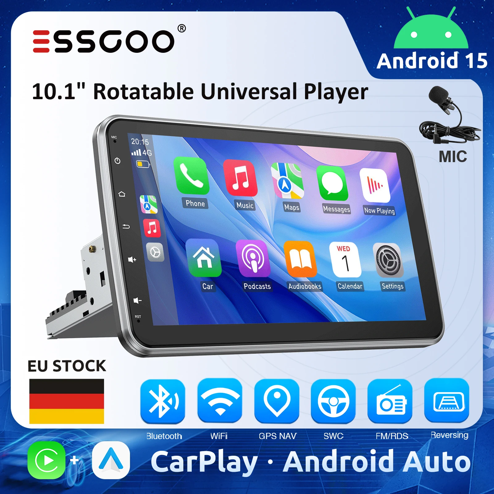 ESSGOO 10,1 Zoll Universal-Drehbildschirm-Autoradio 1Din, drehbarer Multimedia-Player, 4GB 64GB, Carplay, Android Auto, Autoradio mit GPS