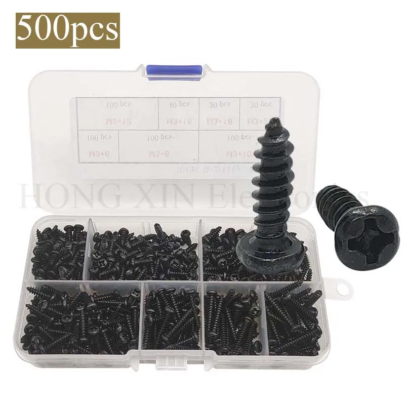 

500pcs M3 Phillips Pan Head Screws Self Tapping Drilling Screws Assortment Kit Carbon Steel 6/8/10/12/16/18/ 20mm Length