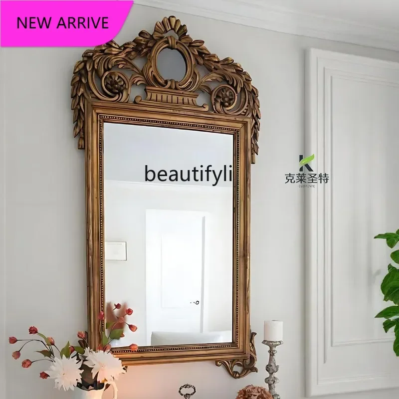 French retro carved vanity mirror bathroom mirror household wall-mounted fireplace decorative mirror6239