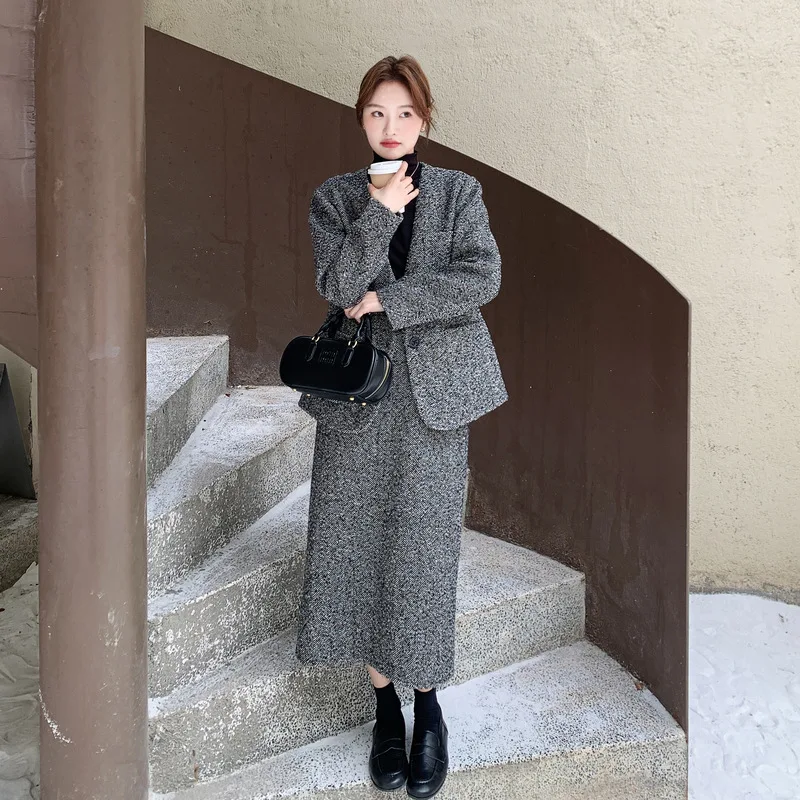 Модный шерстяной пуховик с v-образным вырезом, куртка, повседневная полуюбка, женская зима 202, новый элегантный комплект из двух предметов для поездок на работу