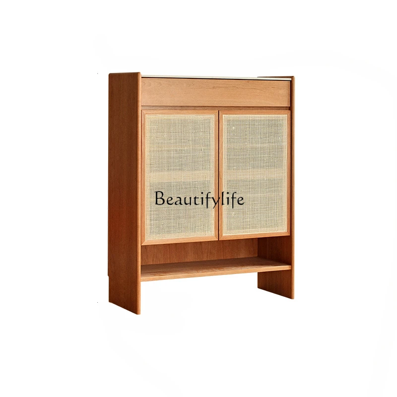 

Nordic Solid Wood Shoe Cabinet Household Rattan Stone Plate Partition Entrance Cabinet Cherrywood