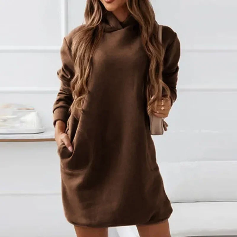 Women\'s Hoodie Street Loose Solid Color Dress Long Sleeve High Waist Hooded Sweatshirt Mini Dress Autumn Winter