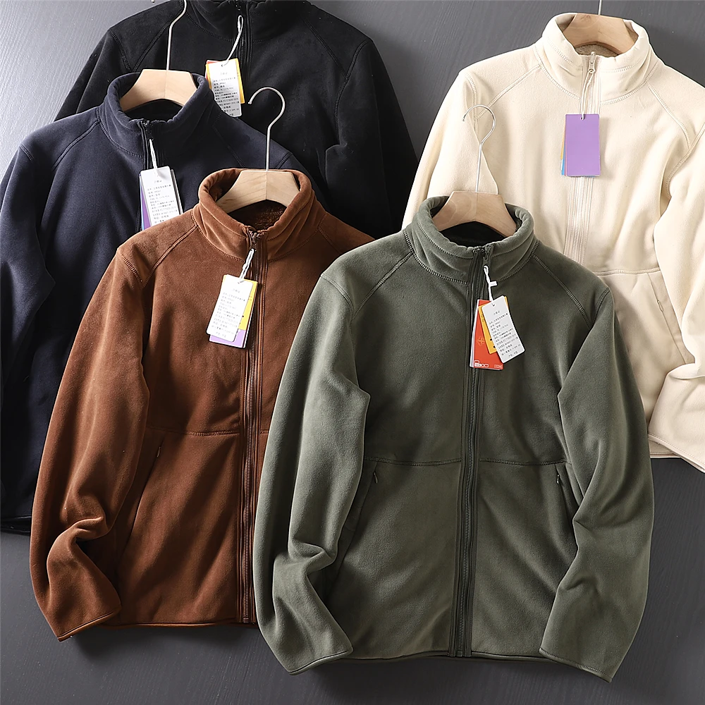 

Thiened Fce Double-sided Coral Velvet Hoodie Warm Stand Collar Men's Jaet Stand Fit Long Sve Zipper Closure Casu...