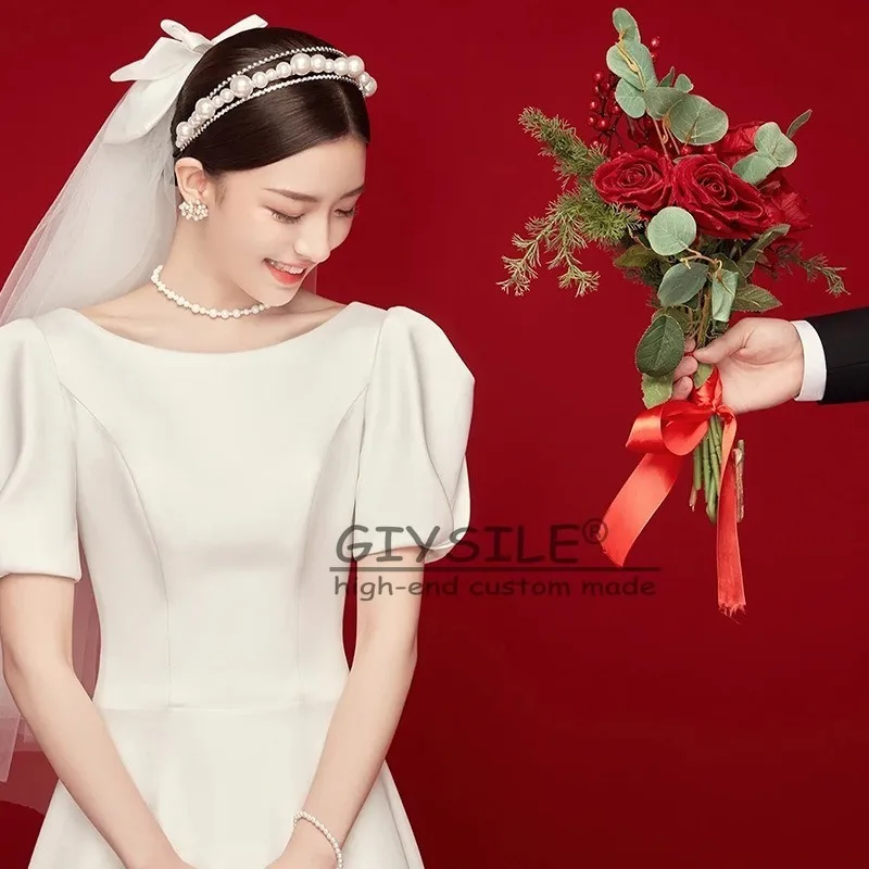 GIYSILE Customized White Round Neck Short Sleeve Light Wedding Dress Simple Temperament Satin Hepburn Style evening dresses