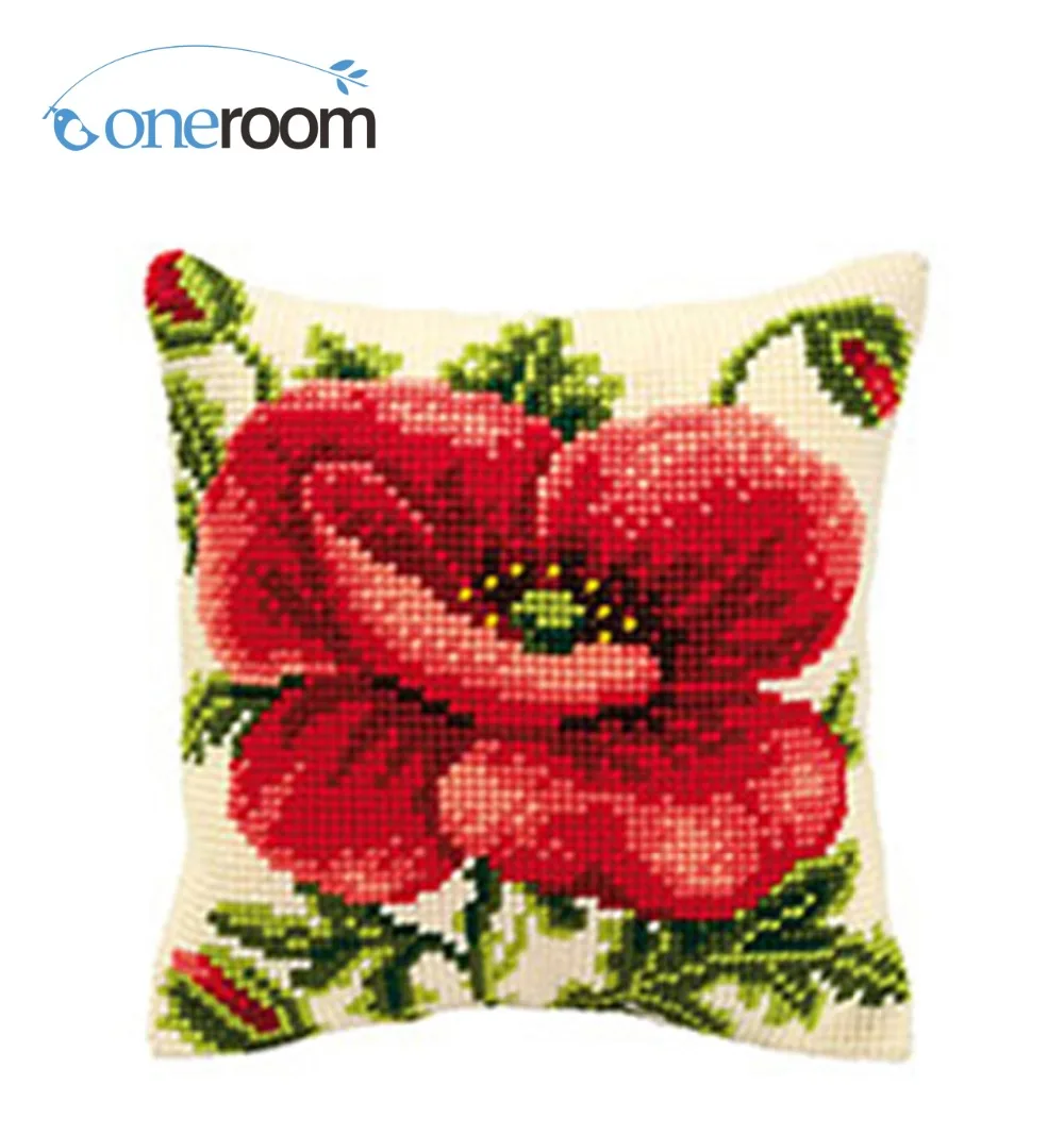 Red flowersDIY Unfinished Acrylic Yarn Embroidery Pillow Tapestry Canvas Cushion Front Cross Stitch Pillowcase