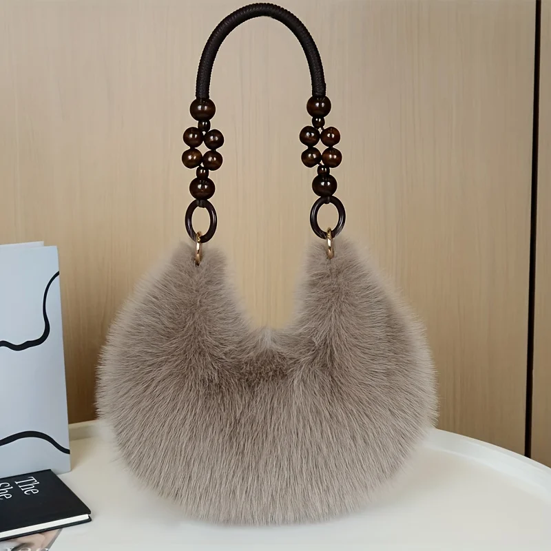 Elegant Plush Tote & Crossbody Bag with Beaded Strap. Zipper Closure, Multiple Colors. Perfect for Daily & Special Events. - view 4
