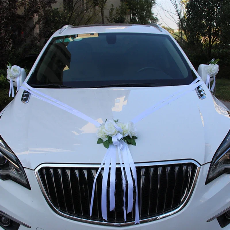 

1SET Wedding Decoration Artificial Flower Rose + Ribbon Wedding Car Front Wreath Rearview Mirror Door Decorative Fake Flower