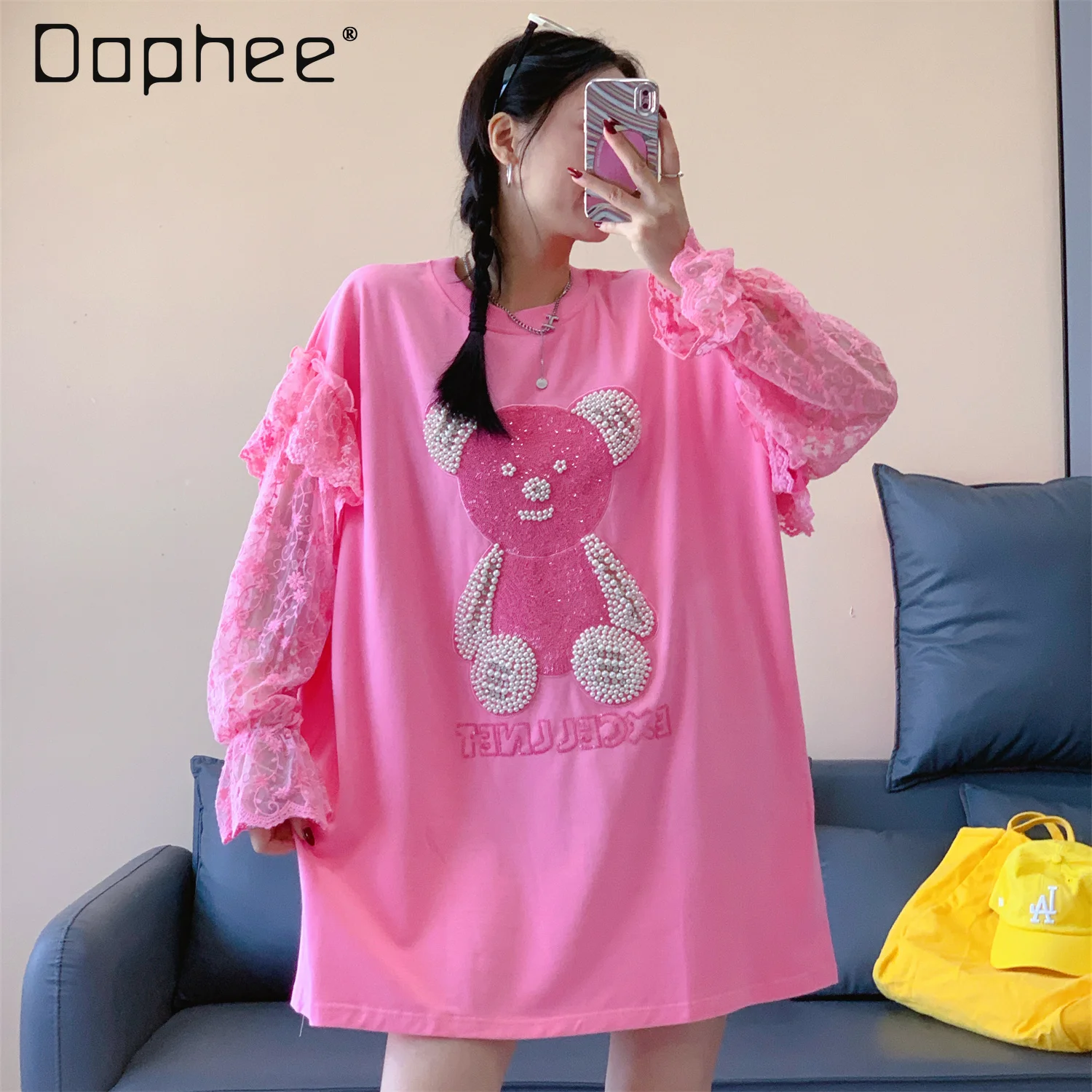 

Korean Style Lace Patchwork Flared Long Sleeve Sequin Top Autumn Mid-Length Cartoon Sweatshirt for Women Anime Sweatshirt