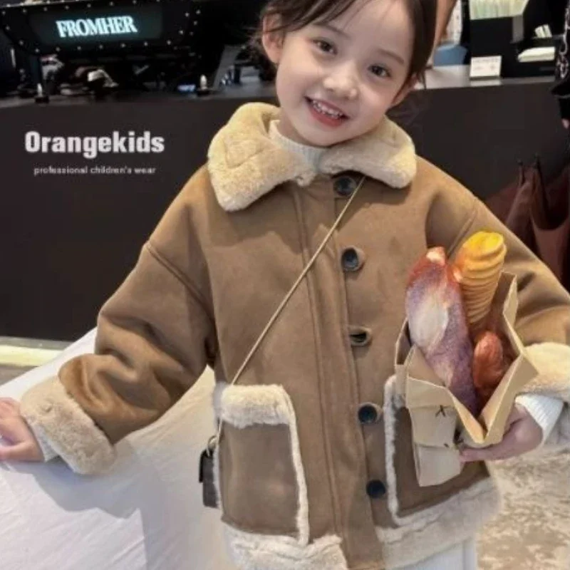 2025 New Winter Kids' Stylish Faux Fur Coat with Fleece Lining Thickened Wool Blend Jacket for Toddler Girls Autumn Winter