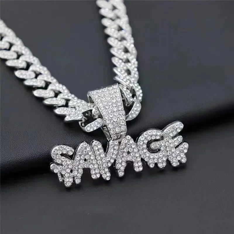 Hip Hop Full Crstal Letter SAVAGE Pendant Necklace With 13mm Cuban Chain Iced Out Pendants Statement Neck Jewelry Dropshipping