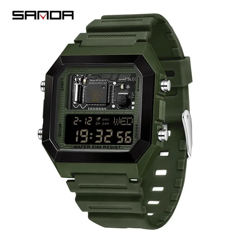 Sandad 6216 Herren elektronische Uhr Quadrat multifunktion ale Chronograph Datum Silikon armband Digital anzeige Armbanduhren für Männer