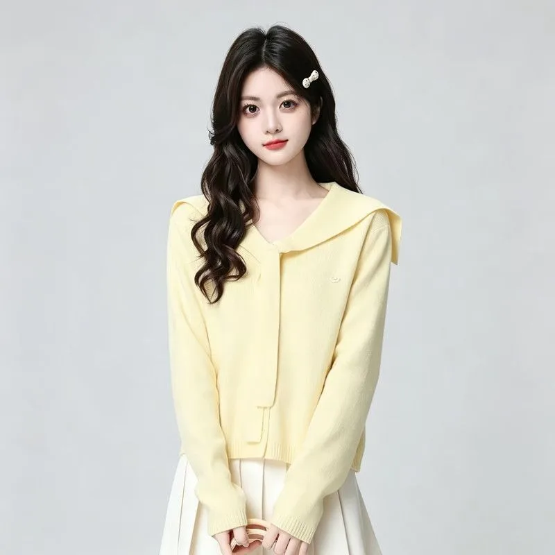 Women Sailor Collar Knit Cardigan Petite Short Sweater Coat Casual Outerwear Spring Autumn