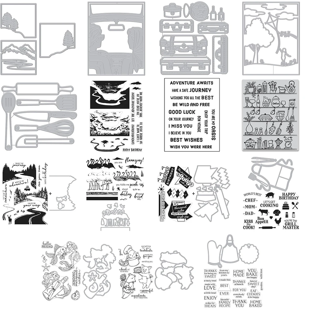 Reisen Flussufer Natur Szene Metall Stanzformen Set Backen Schürze Englisch Phrase Wörter Klare Stempel für DIY Scrapbooking Karten