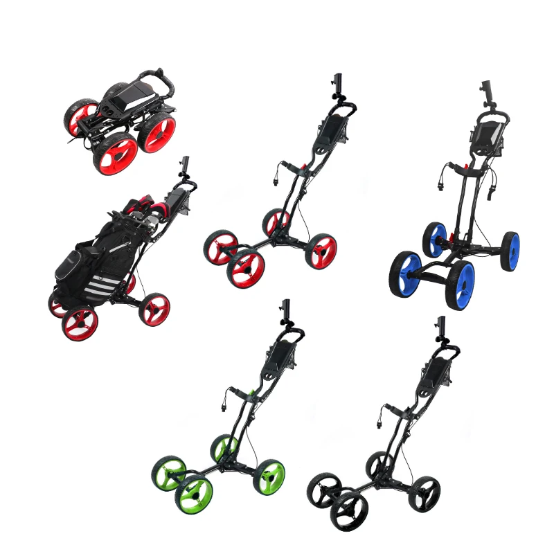 Dericsson Custom Logo Aluminum 4 Wheel Golf Trolley Foldable Lightweight Golf Push Cart with Large Wheels for Golf Course