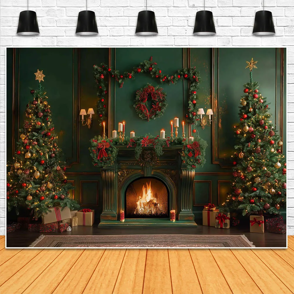 Mocsicka Christmas Green Vintage Wall Family Portrait Background Interior Xmas Decoration Fireplace Xmas Tree Photocall Backdrop