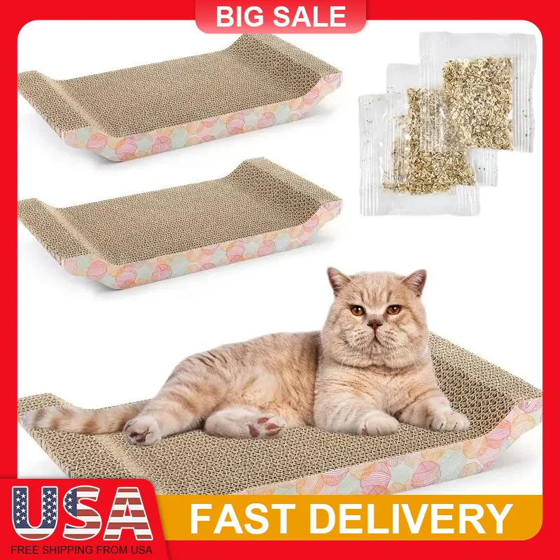

3 Pack Cat Scratcher Bed Reversible Cardboard Lounge with Catnip Curved Design for Claw Care Furniture Protector 17 Inch