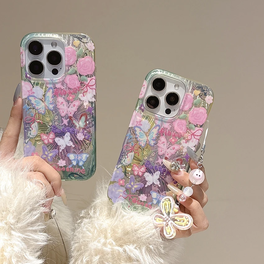 حافظة هاتف على شكل فراشة ليزر لهاتف آيفون 17 16 15 14 13 برو ماكس طبقة مزدوجة بالضغط الساخن كرافت 16 برو ماكس حافظة هاتف حلية 15 برو