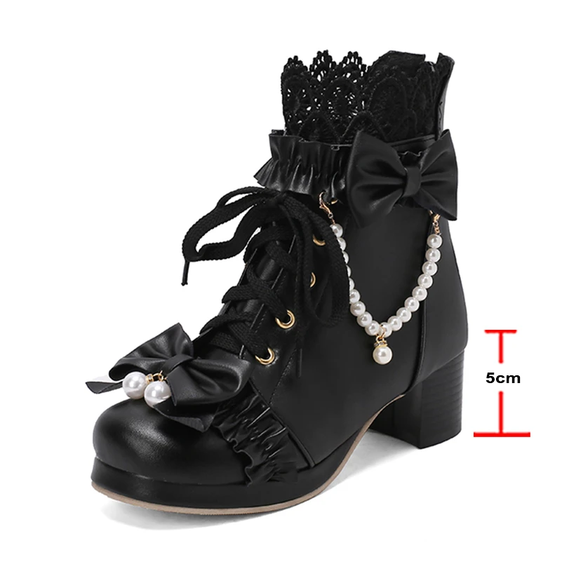 FOREADA Women Lolita Ankle Short Boots Round Toe Kawaii Thick Mid Heels Zipper Bead Bow Lace-up Lady Cosplay Shoes Autumn Winter