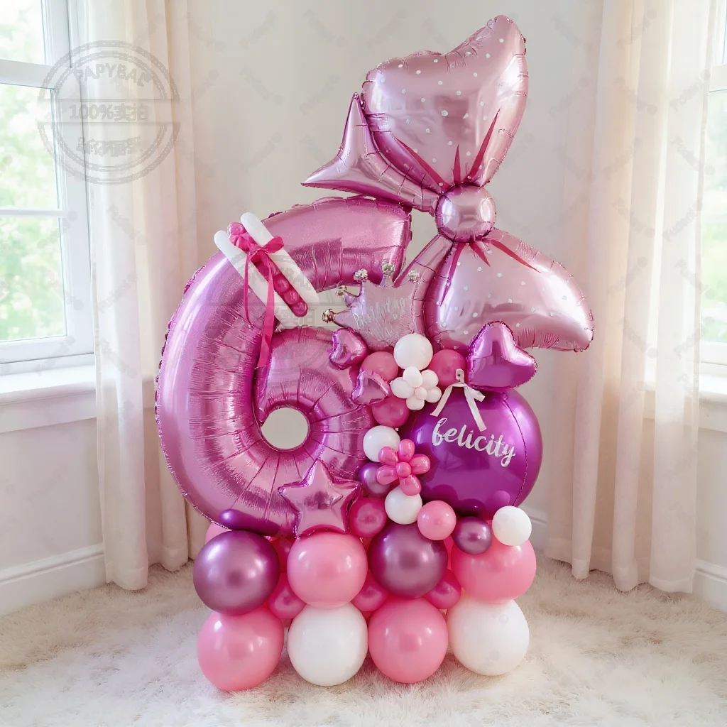 56pcs Rose Red Number Heart Shaped Balloon Pink Bow Balloon Set Birthday Party Decoration Festival Supplies Photo Props