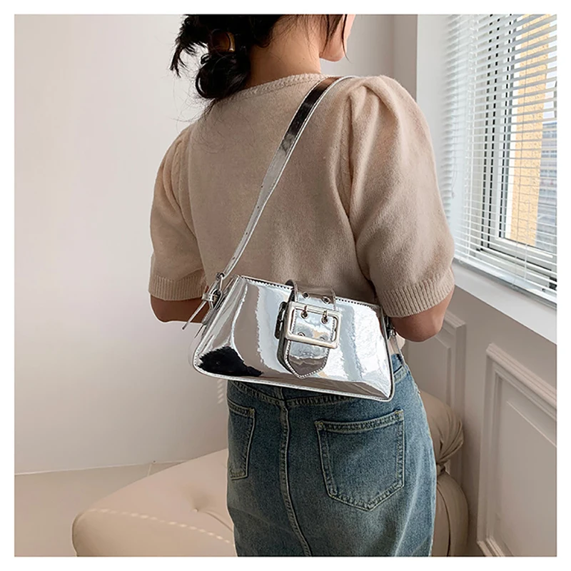 Patent Leather Solid Sweet Cool Spice Girl Underarm Bag Bright Surface Fashion 2024 New Design Sense Shoulder Bag Casual Handbag