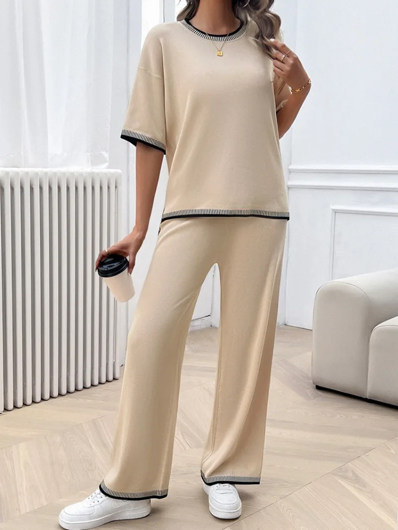 Ensemble T-shirt et pantalon pour femme, décontracté, 2 pièces, taille élastique, printemps, été, nouveau, 2024