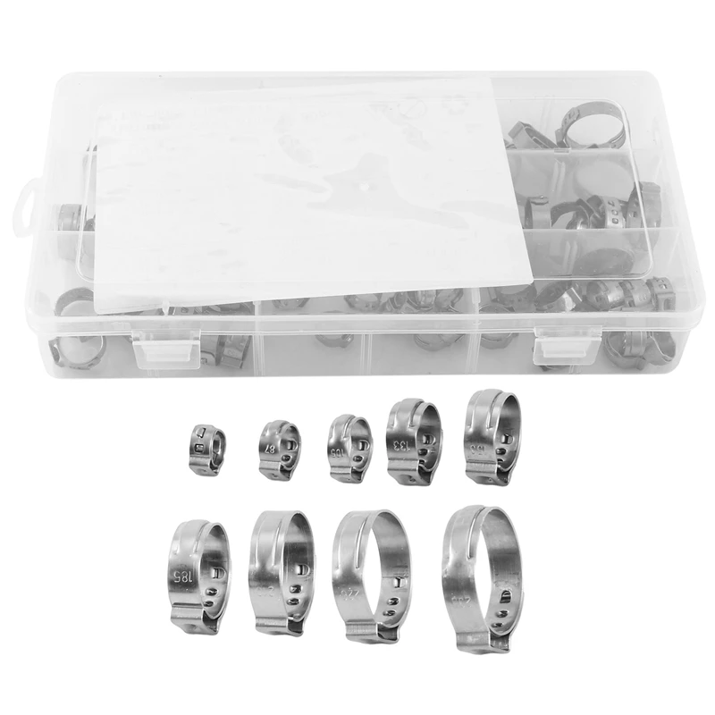 Stainless Steel Single Ear Hose Clamp, 80Pcs 6-23.6mm Crimp Hose Clamp Assortment Kit Ear Stepless-A79U
